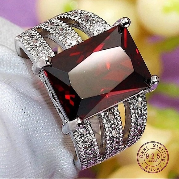 Sterling Silver Cubic Zircon Ruby Hollow Out Ring - Picture 1 of 9